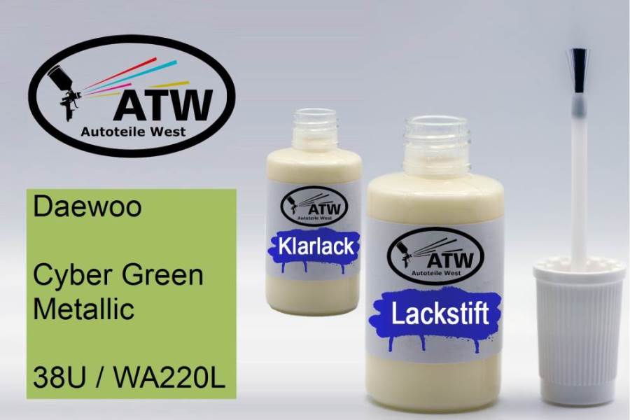 Daewoo, Cyber Green Metallic, 38U / WA220L: 20ml Lackstift + 20ml Klarlack - Set, von ATW Autoteile West.